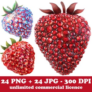 24 Joyas de fresa PNG, clipart de fresa con joyas, PNG de fruta divertida, PNG de fresa imprimible hermosa, diseños de sublimación dtf para camisetas
