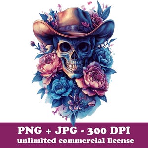 Floraler Schädel PNG, Halloween Cowboy Schädel Png, Tag der Toten, Halloween Schädel Clipart, Gruselige Stimmung, Sublimationsdesign, DTF Druck