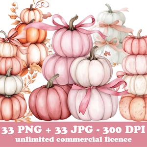 May include: Watercolor illustration of stacked pumpkins in shades of pink, orange, and white, adorned with pink ribbons and autumn leaves. The image includes text: "33 PNG + 33 JPG - 300 DPI unlimited commercial licence."