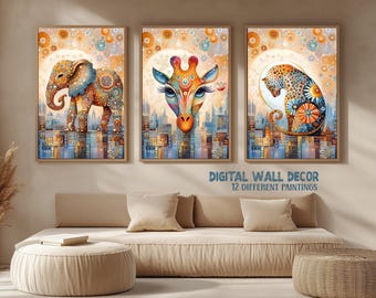 12 nurse wall art decor, animal, Cat, Elephant, Giraffe, Leopard, Lion, Panda Clipart, oil painting art deco, printable baby shower, safari