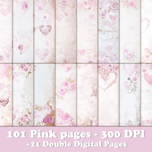 101 páginas de diário de lixo, papel decoupage floral de dia dos namorados, folhas de scrapbook vintage de corações, papéis de casamento digitais antigos, primavera para impressão