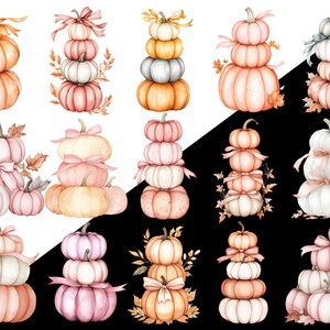 May include: Watercolour illustrations of stacked pumpkins in shades of orange, pink, and white. Each stack is decorated with ribbons and some have leaves. The pumpkins are arranged on a white and black background.