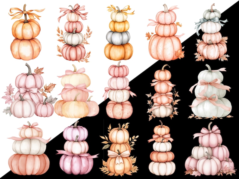 May include: Watercolour illustrations of stacked pumpkins in shades of orange, pink, and white. Each stack is decorated with ribbons and some have leaves. The pumpkins are arranged on a white and black background.