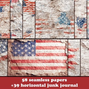 May include: A collage of distressed paper textures featuring the American flag and handwritten script. The design incorporates red, white, and blue hues, with a vintage, aged appearance. The text at the bottom reads "58 seamless papers +39 horizontal junk journal."