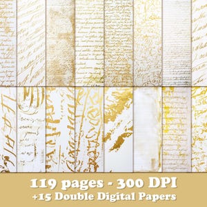 May include: Digital paper pack featuring a collection of vintage-style pages with aged textures and gold accents. The papers display handwritten script and decorative elements, with the text "119 pages - 300 DPI +15 Double Digital Papers" at the bottom.