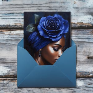 May include: A woman with dark skin and a blue turban is wearing a large blue rose on her head. The rose is in focus and the woman's face is partially obscured by the rose.