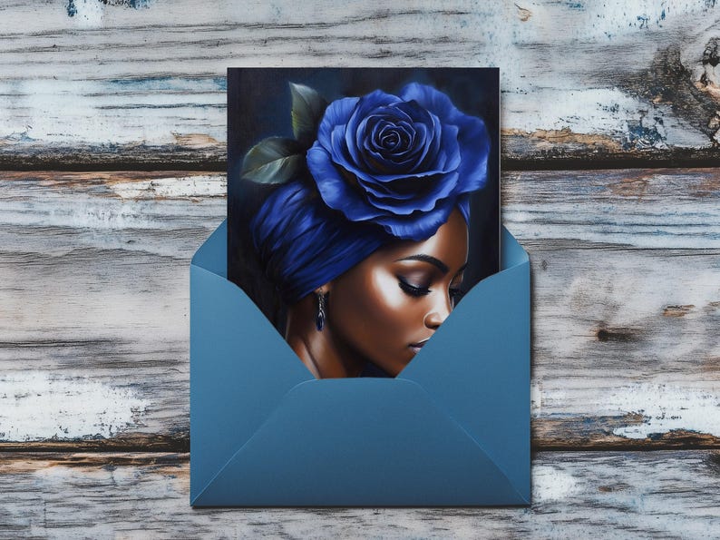 May include: A woman with dark skin and a blue turban is wearing a large blue rose on her head. The rose is in focus and the woman's face is partially obscured by the rose.
