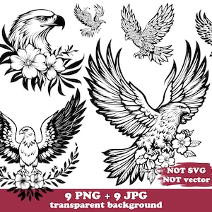 Black Eagle png met bloemen, bloemen adelaar clipartset, gotische adelaar sublimatiebundel, tattoo stijl digitale download, vogel dier png