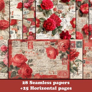 May include: A collage of vintage-style papers featuring red roses, stamps, and handwritten script. The papers have a distressed look with a mix of floral and postal elements. The text at the bottom reads "28 Seamless papers +25 Horizontal pages."