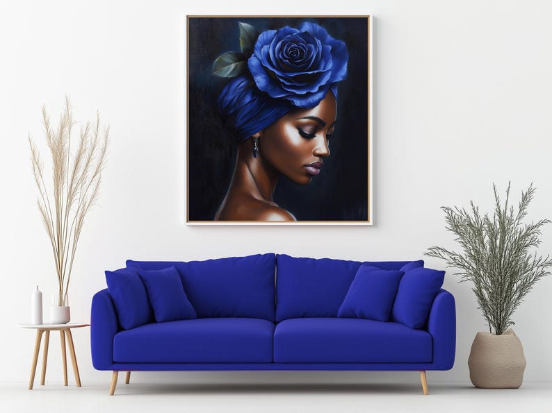 May include: A painting of a woman with dark skin wearing a blue turban with a large blue rose on top. The woman is looking down and her eyes are closed. The background is dark blue.