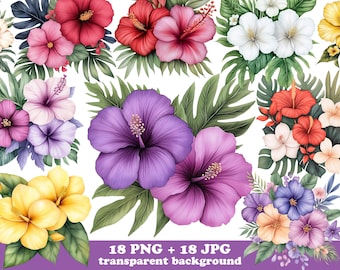18 Tropical flowers PNG bundle. Bright digital art for summer crafts, sublimation, party decor, tumblers, t-shirts, scrapbooking.