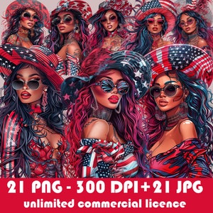 7月4日のアメリカ人女性のクリップアート、独立記念日の少女のpng、愛国的なアメリカの女性のファッションのクリップアート、昇華png jpg、デジタルダウンロード