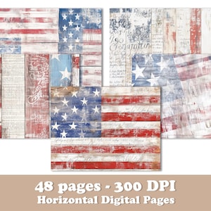 48 páginas de diario basura de EE. UU., papel digital del 4 de julio, clipart patriótico imprimible, textura de madera vintage americana, álbum de recortes con bandera grunge