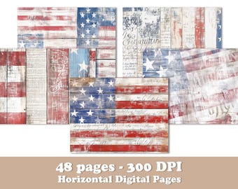 48 USA junk journal pages, 4th of July digital paper, patriotic printable clipart, Americana vintage wood texture, grunge flag scrapbook