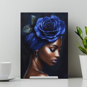 Digital Black woman Art, Female portrait, Blue rose Oil painting, African wall art, Floral wall décor, printable poster, Afrocentric décor image 2