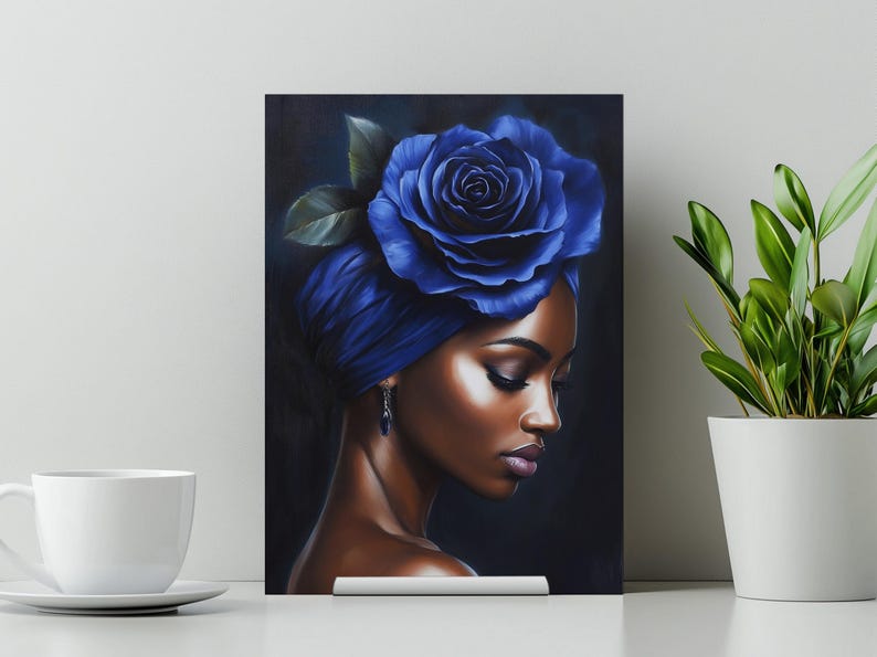 Digital Black woman Art, Female portrait, Blue rose Oil painting, African wall art, Floral wall décor, printable poster, Afrocentric décor image 2