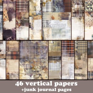 May include: A collage of 46 vertical papers and junk journal pages. The papers feature a mix of textures, including plaid, handwritten text, and distressed elements in shades of brown, beige, and purple.