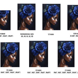 May include: A digital painting of a woman with dark skin wearing a blue turban with a large blue rose on top. The woman is looking down and to the left. The background is dark blue.