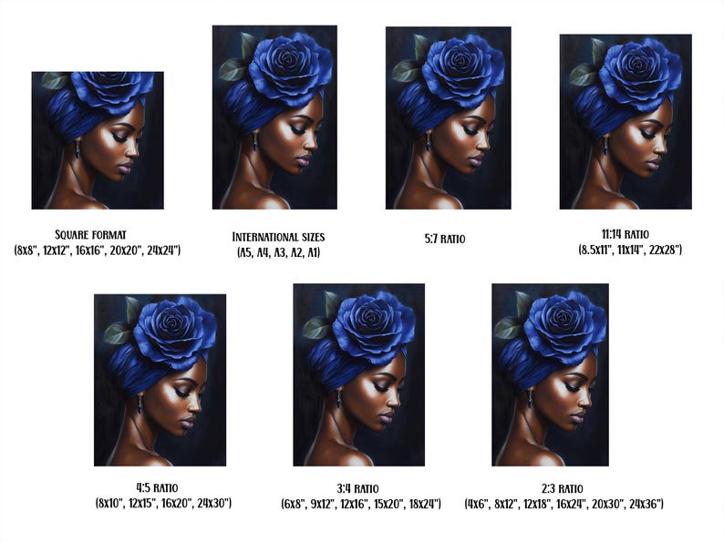 May include: A digital painting of a woman with dark skin wearing a blue turban with a large blue rose on top. The woman is looking down and to the left. The background is dark blue.