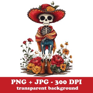 Floral Cowboy Skelett PNG, Cinco de Mayo png, Halloween Schädel Png, Tag der Toten, Blumen Halloween Schädel Clipart, Sublimationsdesign