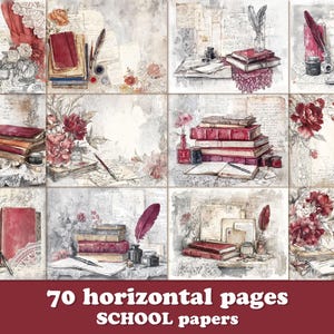 Könnte beinhalten: Eine Collage von Illustrationen im Vintage-Stil mit Büchern, Federn, Tintenfässern und Blumenarrangements. Die Farbpalette umfasst Burgunder-, Creme- und Grautöne. Der Text unten lautet "70 horizontale Seiten SCHOOL papers."