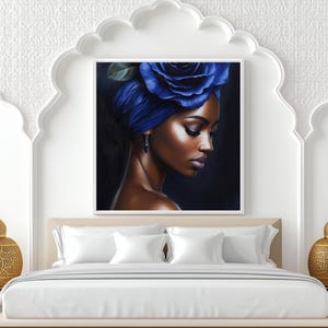 May include: A painting of a woman with dark skin wearing a blue turban with a large blue rose on top. The woman is looking down and to the right. The background is dark.