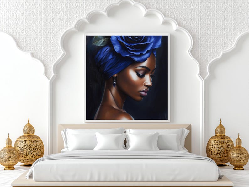 May include: A painting of a woman with dark skin wearing a blue turban with a large blue rose on top. The woman is looking down and to the right. The background is dark.