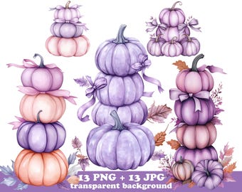 13 Watercolor Pastel Pumpkins with Bows PNG, Coquette Halloween Clipart for Mugs, Shirts, Stickers, Sublimation, Cards, sweet spooky
