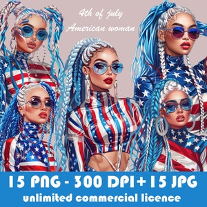 Patriotic USA women fashion clip art, 4th of july American woman clipart, Independence day girl png, Printable watercolor illustration