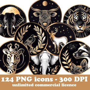 124 png-dierpictogrammen, zwarte en gouden dierlijke clipart, dierlijke afdrukbare png, ronde pictogrammen, gouden prachtige abstracte olifant, tijger, leeuw
