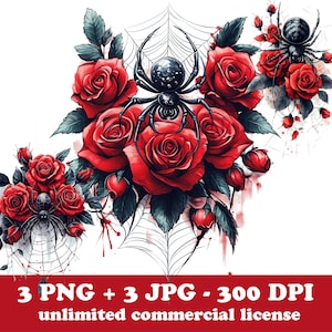 Puede incluir: Una araña negra con una telaraña se encuentra en el centro de un ramo de rosas rojas. Las rosas están rodeadas de hojas verdes y un fondo blanco.