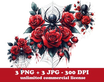 3 floral Spider PNG, spider web clipart, watercolor Red rose PNG, Halloween Clipart, Day of the Dead, Spooky vibes, DTF Sublimation Design