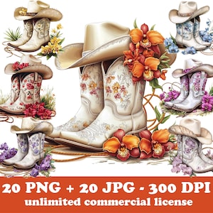 20 Cowboystiefel auf dem Boden png, Western Sublimation Cowgirl Hut Clipart, Hufeisen Wandkunst, Junggesellinnenabschiede Stiefel, Aquarell Blume