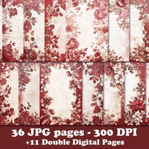 May include: 36 digital paper pages with a red and white floral pattern. The pages are 300 DPI and include 11 double pages.