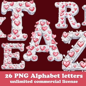 Valentine&#39;s Day Alphabet Watercolor, Heart Alphabet Clipart, Alphabet Love Letters PNG, Valentines Day ABC, Love Digital Download Alphabet