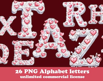 Valentijnsdag alfabet aquarel, hart alfabet clipart, alfabet liefdesbrieven png, Valentijnsdag ABC, liefde digitale download alfabet