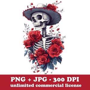 Blumenskelett PNG, Halloween-Cowboy-Schädel, Tag der Toten, Cinco de Mayo rose Schädel Clipart, Gruselige Stimmung, Sublimationsdesign