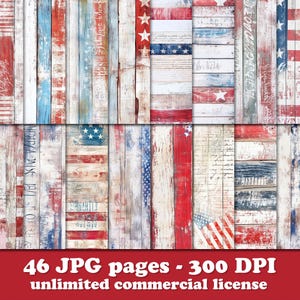 Papel digital del 4 de julio, diario basura de EE. UU., páginas imprimibles con imágenes prediseñadas patrióticas, textura de madera vintage americana, álbum de recortes con bandera grunge