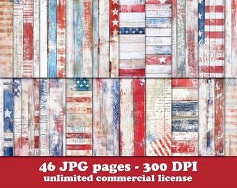 46 4th of July digital paper, USA junk journal, patriotic printable clipart pages, Americana vintage wood texture, grunge flag scrapbook