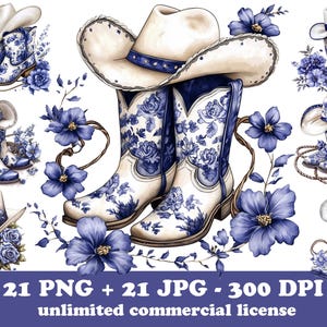 21 Bottes et chapeau de cowboy PNG, Clipart western bleu chinoiserie, fer à cheval et fleurs style campagnard dessin animé, botte de cowboy florale et lasso