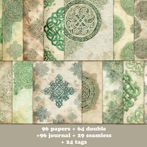 May include: A collection of digital papers with Celtic knot designs in shades of green and beige. The papers feature various patterns, including circular and linear knotwork, with a distressed, aged appearance. The image includes text indicating the number of papers, journal pages, and tags.