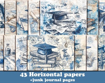 May include: A set of 43 horizontal papers and junk journal pages with a vintage academic theme. The papers feature watercolour illustrations of graduation caps, books, scrolls, and inkwells in shades of blue and sepia.