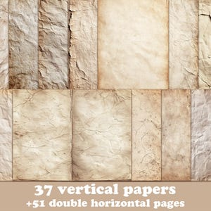 May include: A collection of vintage-style papers in various shades of beige and brown. The papers have a textured, aged appearance with creases and stains. The image includes the text "37 vertical papers +51 double horizontal pages".