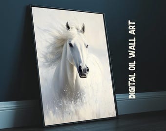 White Horse wall art, animal digital prints, printable digital art, dopamine decor, black and white oil painting poster, western nursery