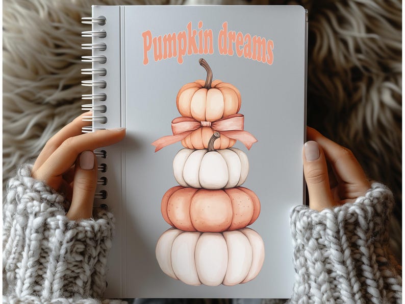 May include: A notebook with a spiral binding and a grey cover. It features a stack of pumpkins in orange and white, with a bow. The words "Pumpkin dreams" are written in orange script above the pumpkins.