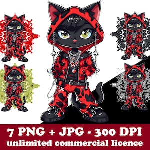 Cool funny black cat clipart, hip hop urban cat png, hipster gangster cat in red hoodie cartoon, dtf sublimation shirt designs