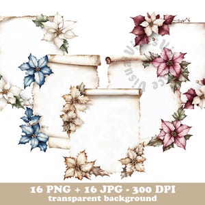 Puede incluir: Ilustraciones en acuarela de pergaminos adornados con flores de pascua en blanco, azul y burdeos. La imagen incluye el texto en la parte inferior: "16 PNG + 16 JPG - 300 DPI fondo transparente."