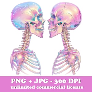 Holographisches Skelett PNG, irisierendes Hologramm Skelett, Halloween Clipart Schädel, Tag des Toten Regenbogenskeletts, Hemd Sublimationsdesign