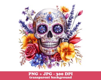 Floral Skull Shirt PNG, Gothic Skull with Wild Flowers Clipart, Halloween Sublimation Skull Design, Creepy Aesthetic Skull Digital Download