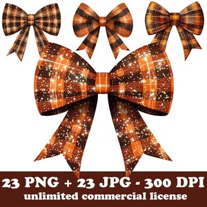 May include: Three orange and brown plaid bows with a glittery finish. The bows are tied in a knot and have long tails.